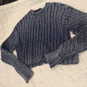 Women's Cropped Washed Blue Cable Knit Sweater